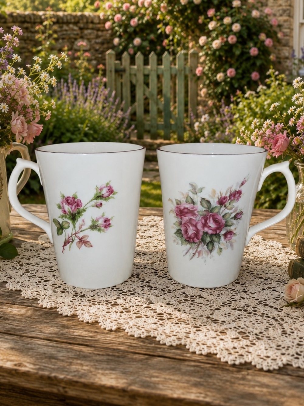 Vintage Rose Print Mugs Set Of 2 Connoisseur Fine Bone China England Pink Roses
